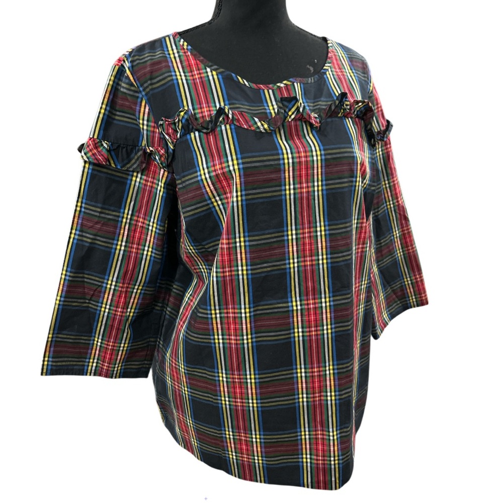 🔥TALBOTS! STEWART PLAID POPLIN RUFFLE POPOVER TOP! STUNNING! FESTIVE! LIKE NEW! - Picture 2 of 16
